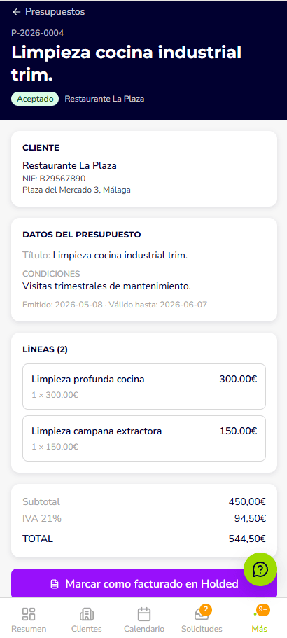 Detalle de presupuesto con datos del cliente