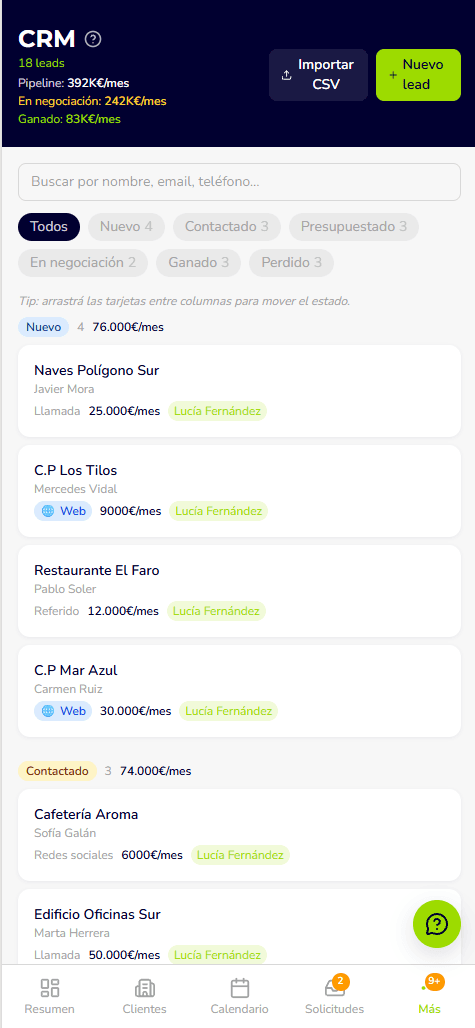 CRM kanban con leads reales