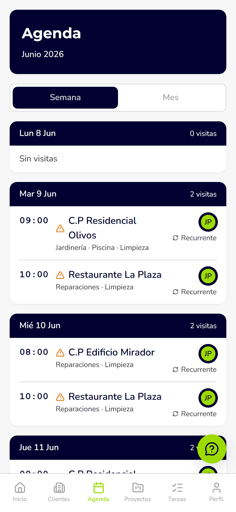 App del operario en el móvil: su agenda de visitas de la semana