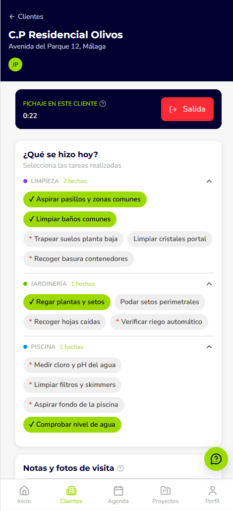 Fichaje del operario con tareas